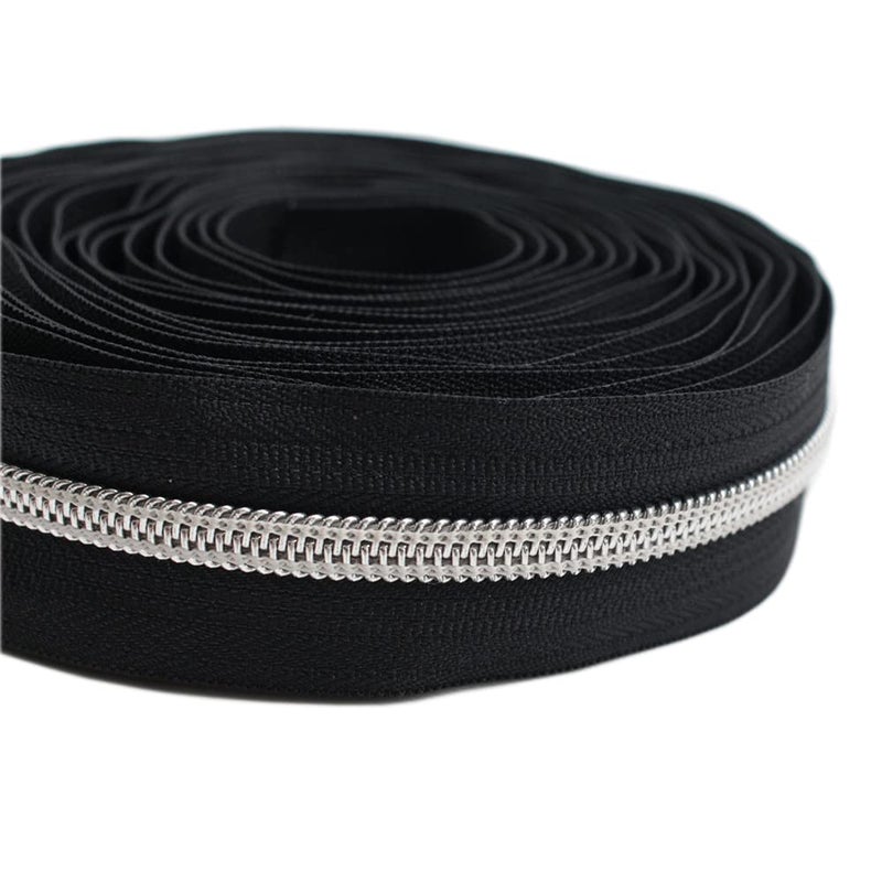 YaHoGa #5 Silver Metallic Nylon Coil Zippers by The Yard Bulk Black Tape 10 Yards with 25pcs Pulls for DIY Sewing Tailor Craft Bags (Black) - Image 3